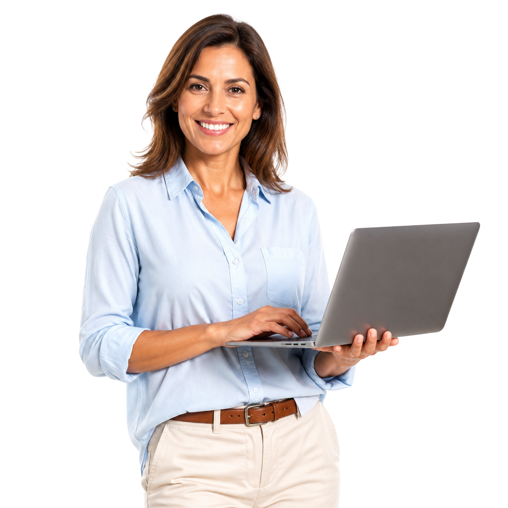 Experienced professional reviewing her career plan on a laptop